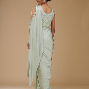 Pista Green Zariwork Satin Readymade Saree