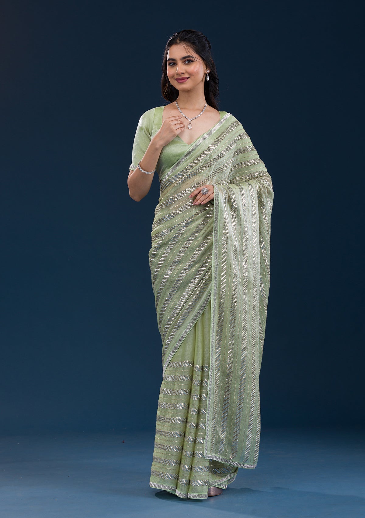 Pista Green Zariwork Semi Crepe Saree
