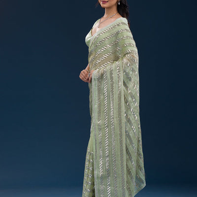 Pista Green Zariwork Semi Crepe Saree