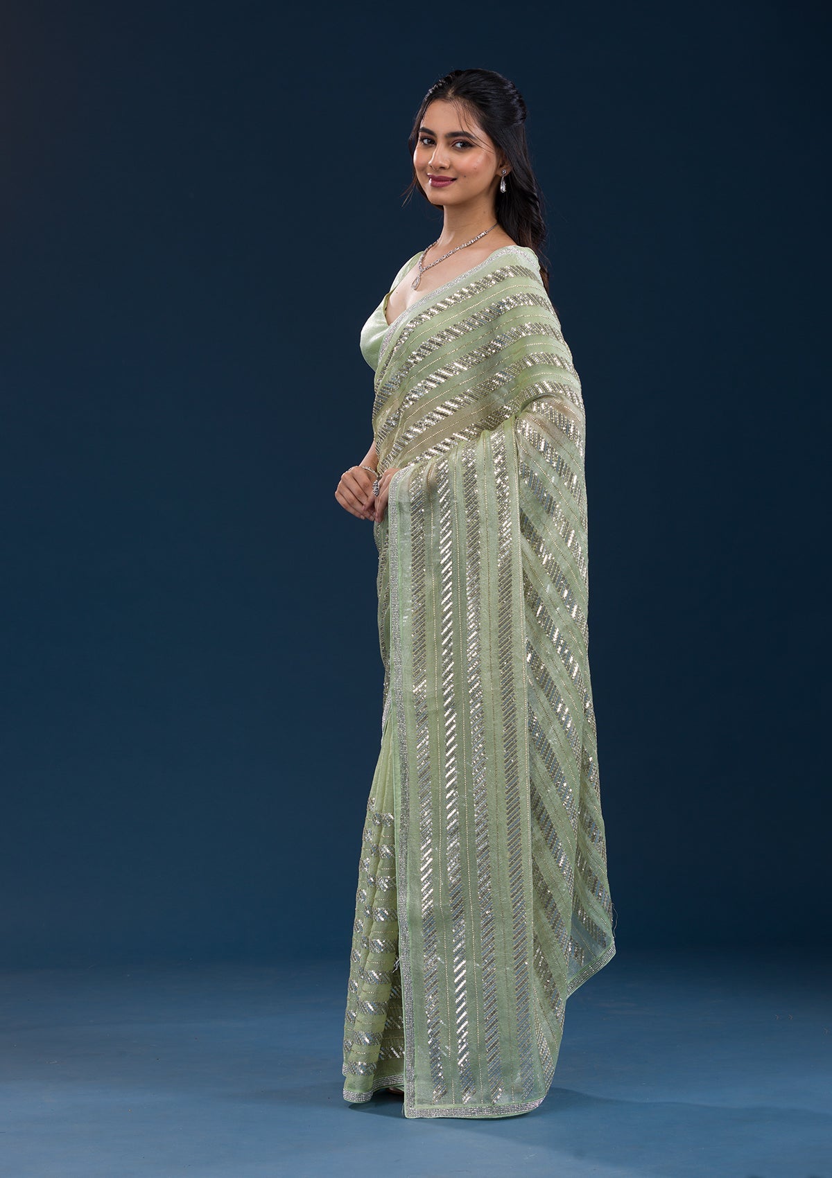 Pista Green Zariwork Semi Crepe Saree