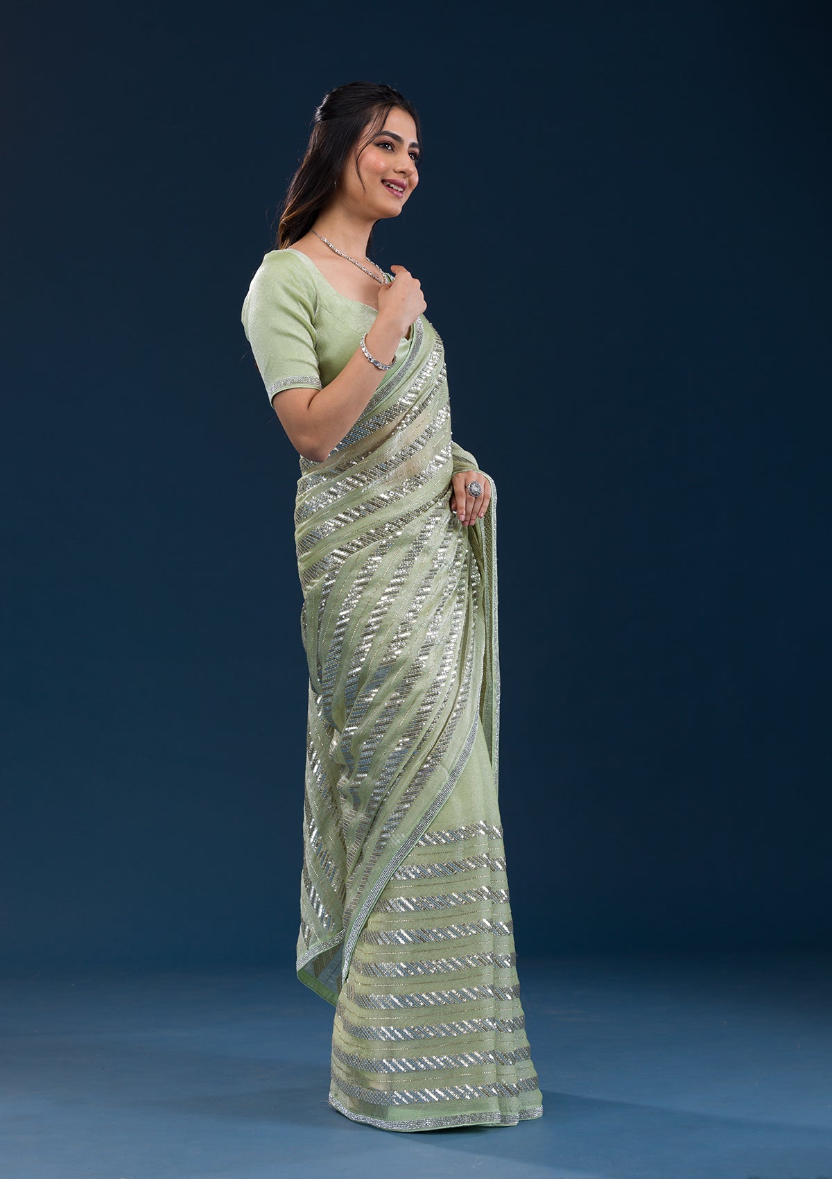 Pista Green Zariwork Semi Crepe Saree