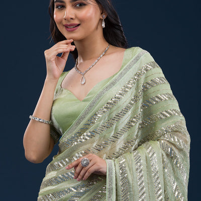 Pista Green Zariwork Semi Crepe Saree