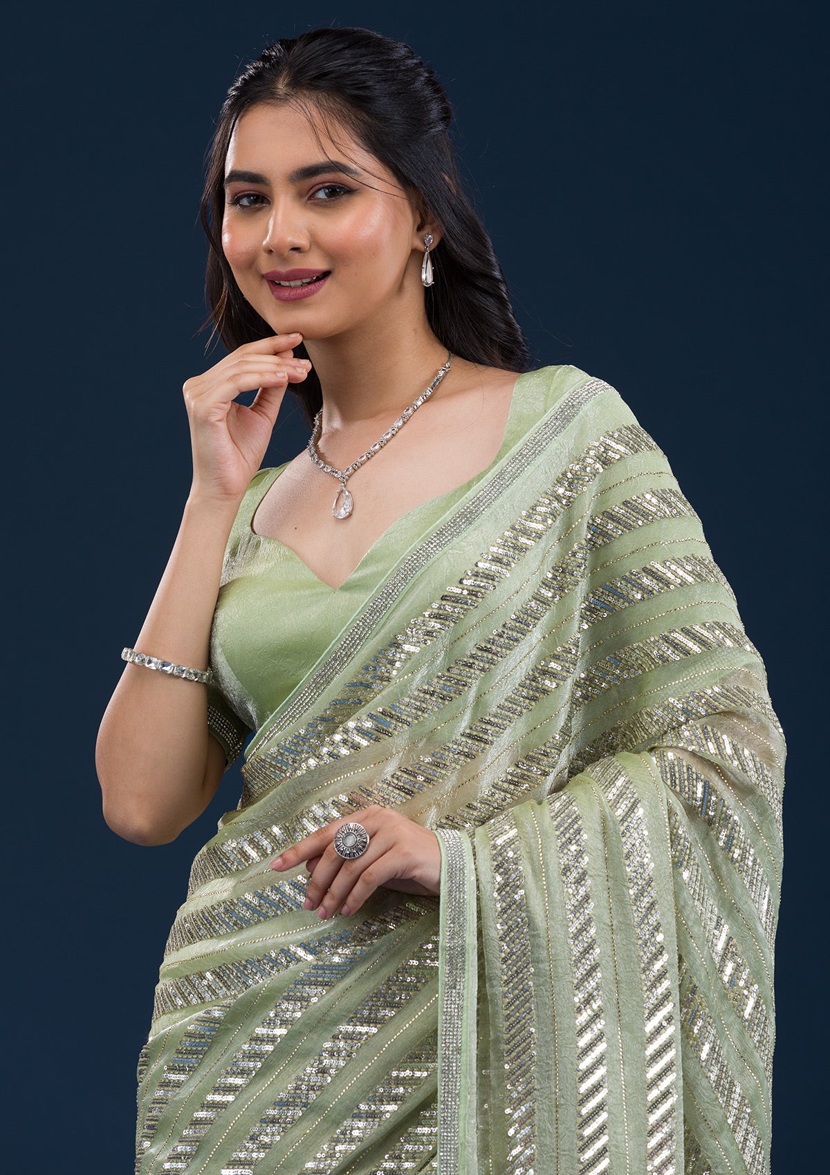 Pista Green Zariwork Semi Crepe Saree