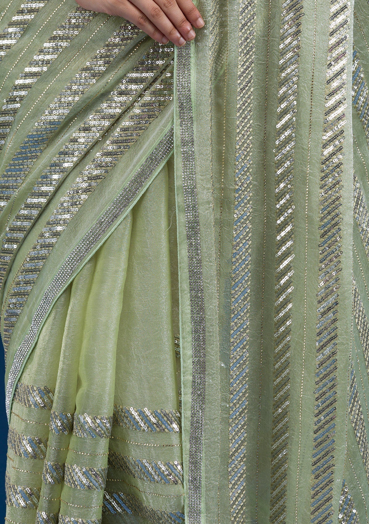 Pista Green Zariwork Semi Crepe Saree
