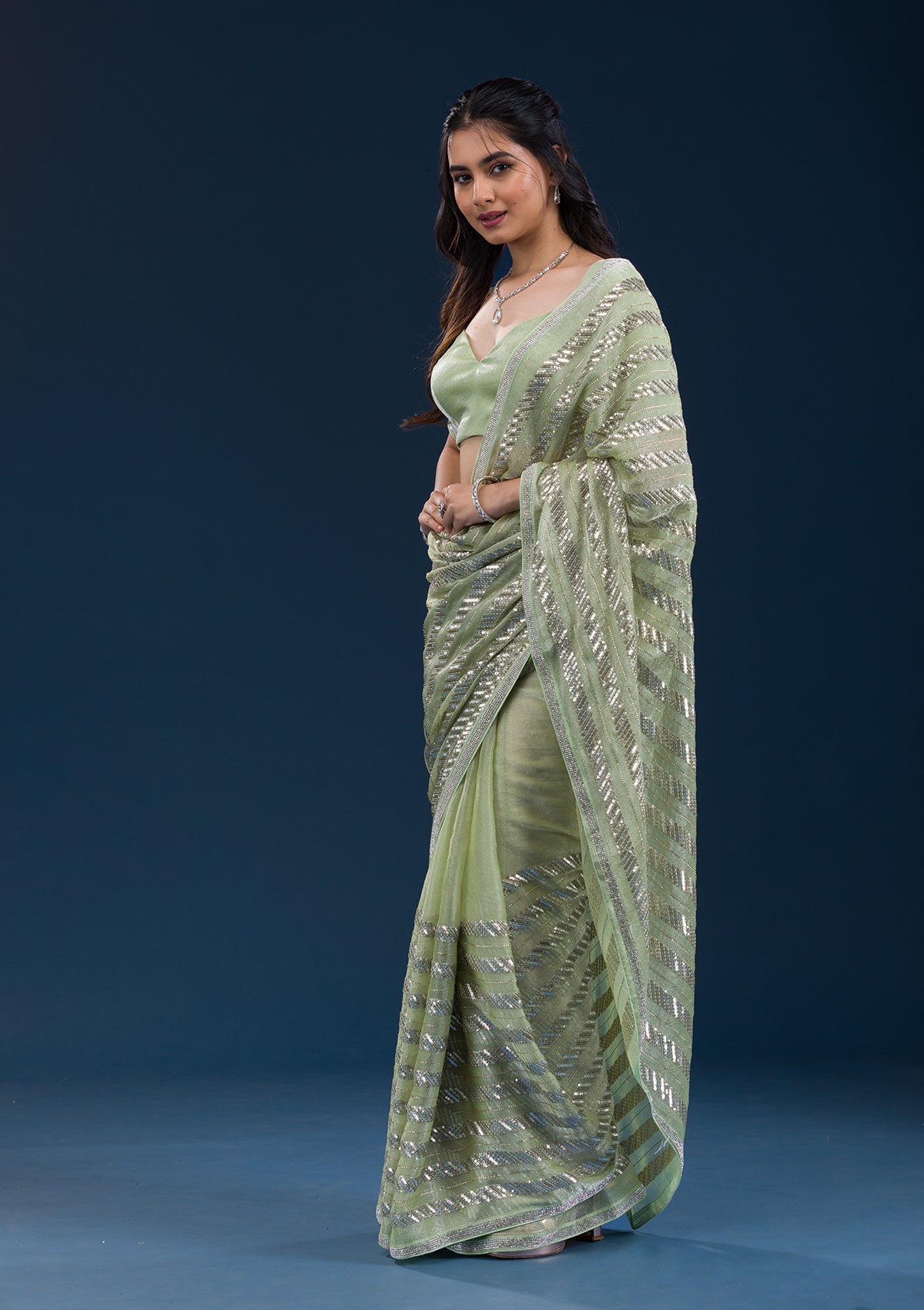 Pista Green Zariwork Semi Crepe Saree