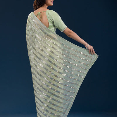 Pista Green Zariwork Semi Crepe Saree