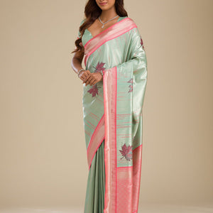 Pista Green Zariwork Soft Silk Saree