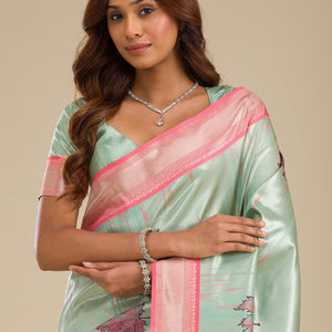 Pista Green Zariwork Soft Silk Saree