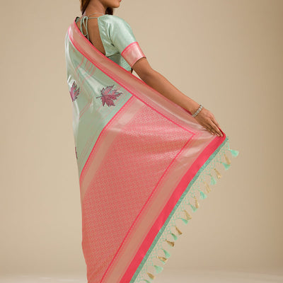 Pista Green Zariwork Soft Silk Saree