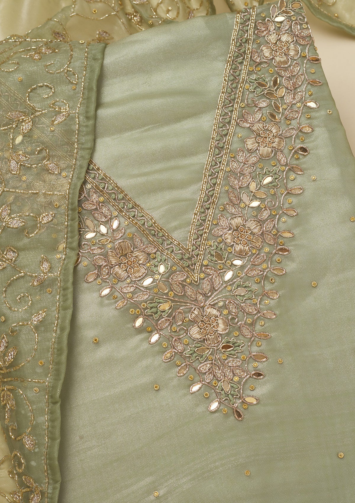 Pista Green Zariwork Tissue Unstitched Salwar Suit