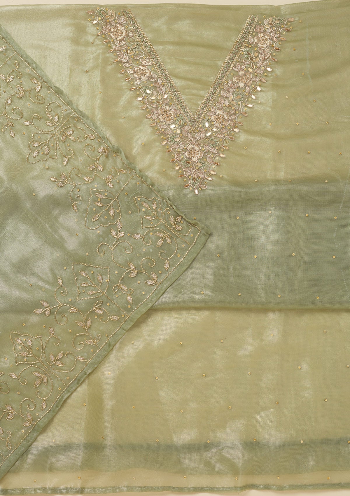 Pista Green Zariwork Tissue Unstitched Salwar Suit