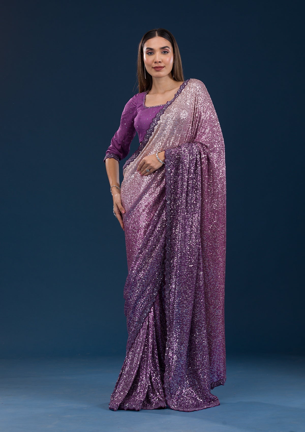 Purple Sequins Georgette Saree