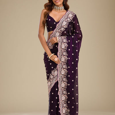 Purple Sequins Semi Crepe Saree