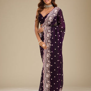 Purple Sequins Semi Crepe Saree