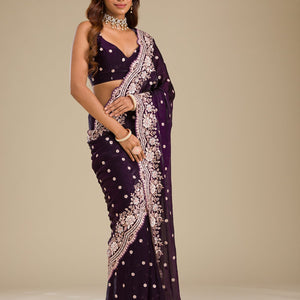 Purple Sequins Semi Crepe Saree