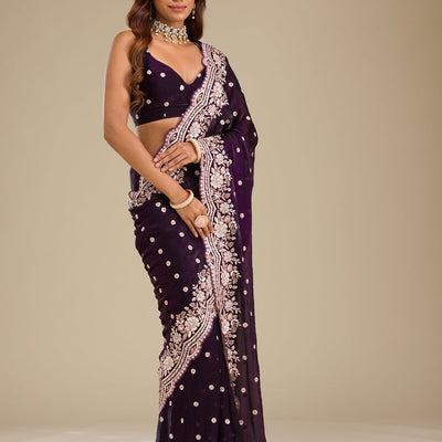 Purple Sequins Semi Crepe Saree