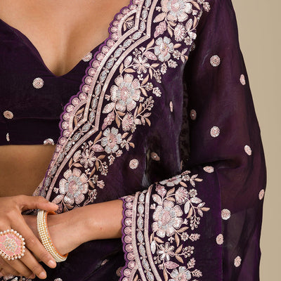 Purple Sequins Semi Crepe Saree