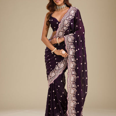 Purple Sequins Semi Crepe Saree
