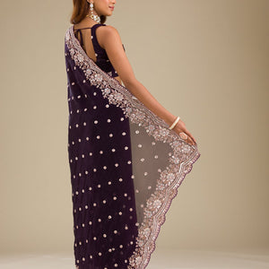 Purple Sequins Semi Crepe Saree