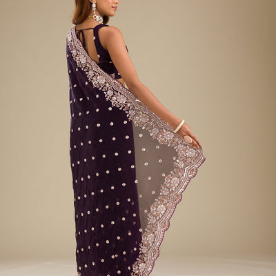 Purple Sequins Semi Crepe Saree