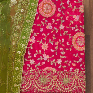 Rani Pink Threadwork Semi Crepe Unstitched Salwar Suit