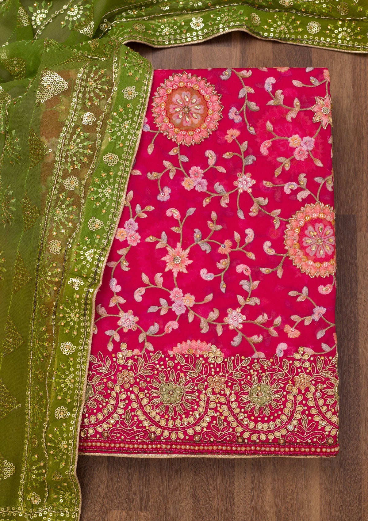 Rani Pink Threadwork Semi Crepe Unstitched Salwar Suit