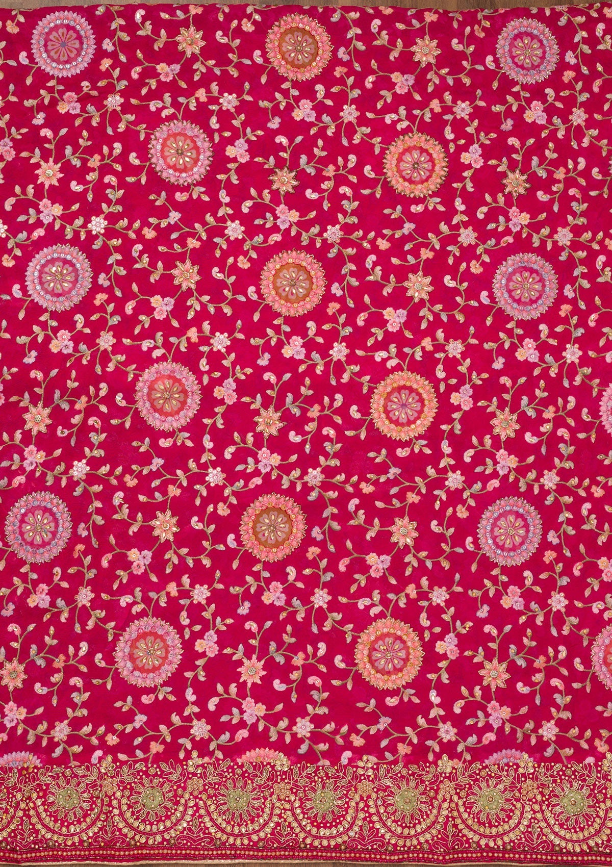 Rani Pink Threadwork Semi Crepe Unstitched Salwar Suit