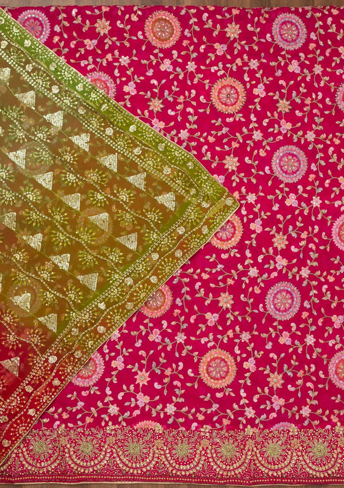 Rani Pink Threadwork Semi Crepe Unstitched Salwar Suit