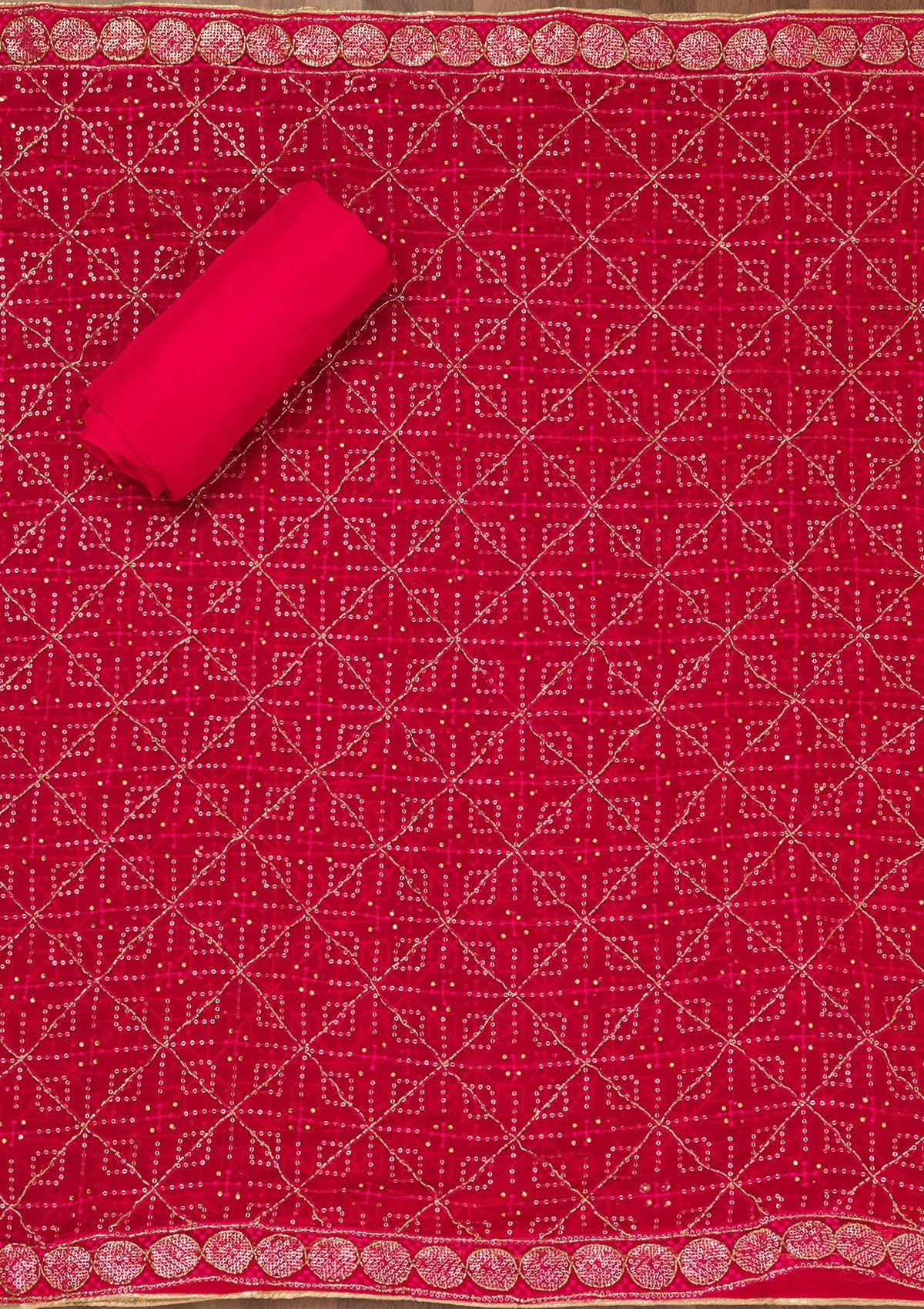 Rani Pink Zariwork Semi Crepe Unstitched Salwar Suit