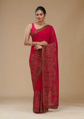 Rani Pink Threadwork Georgette Saree