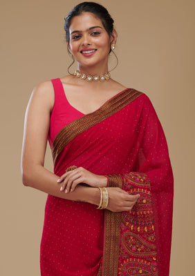 Rani Pink Threadwork Georgette Saree