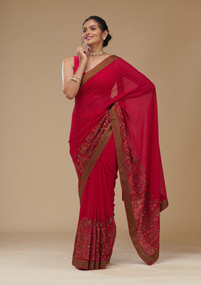Rani Pink Threadwork Georgette Saree