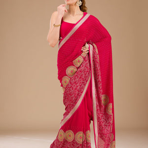 Rani Pink Threadwork Georgette Saree