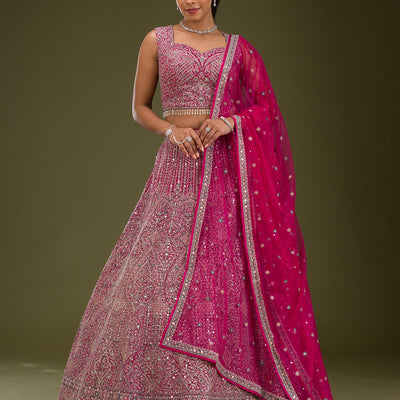 Rani Pink Threadwork Net Readymade Lehenga
