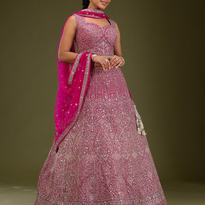 Rani Pink Threadwork Net Readymade Lehenga
