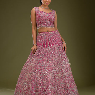 Rani Pink Threadwork Net Readymade Lehenga