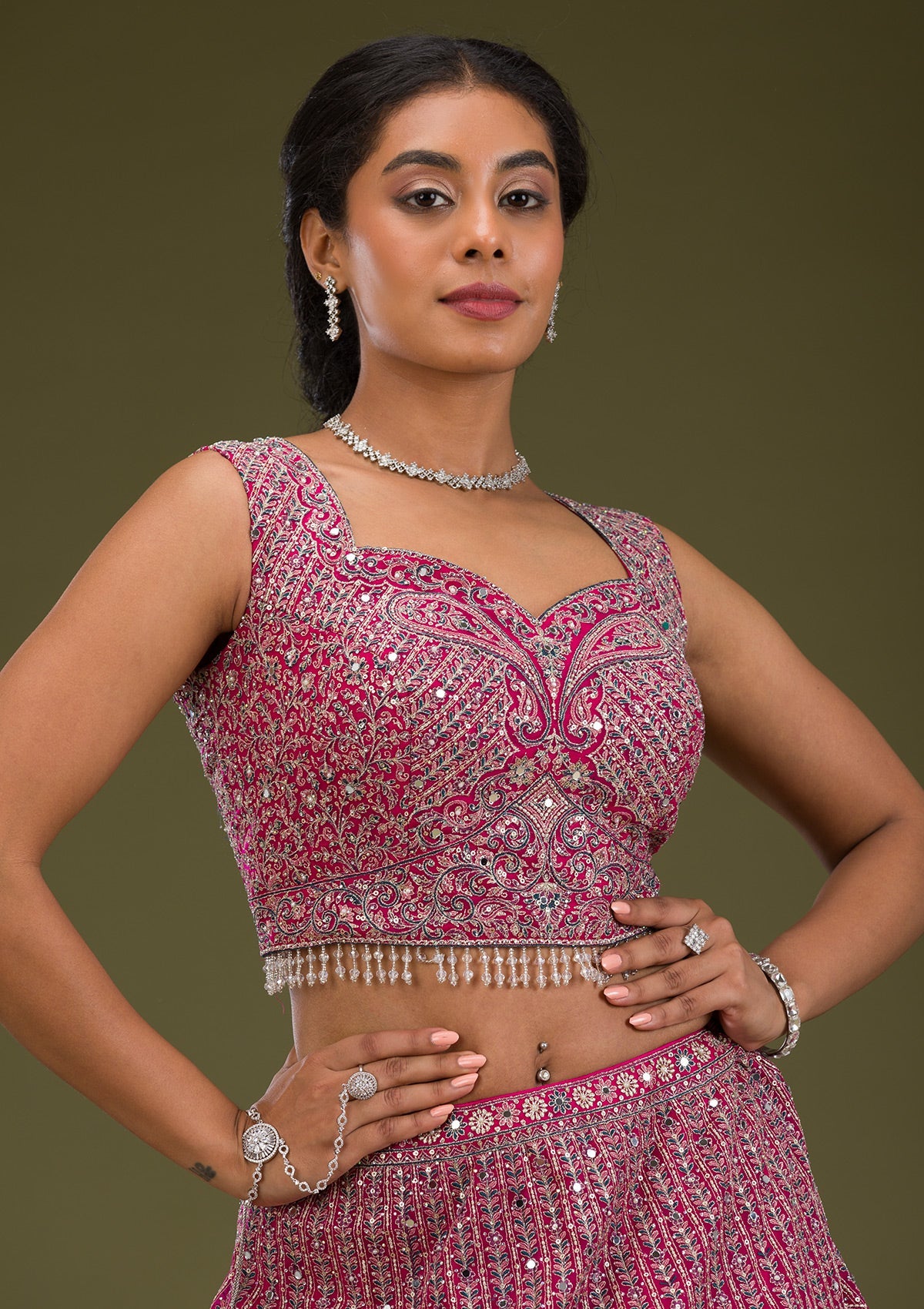 Rani Pink Threadwork Net Readymade Lehenga