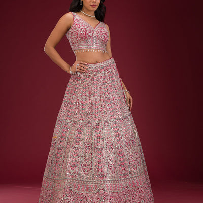 Rani Pink Threadwork Net Readymade Lehenga