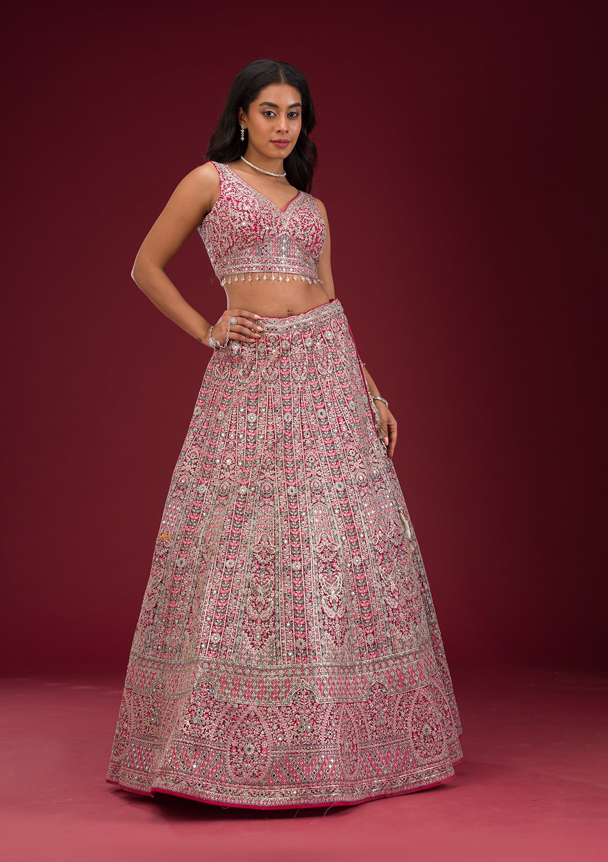 Rani Pink Threadwork Net Readymade Lehenga