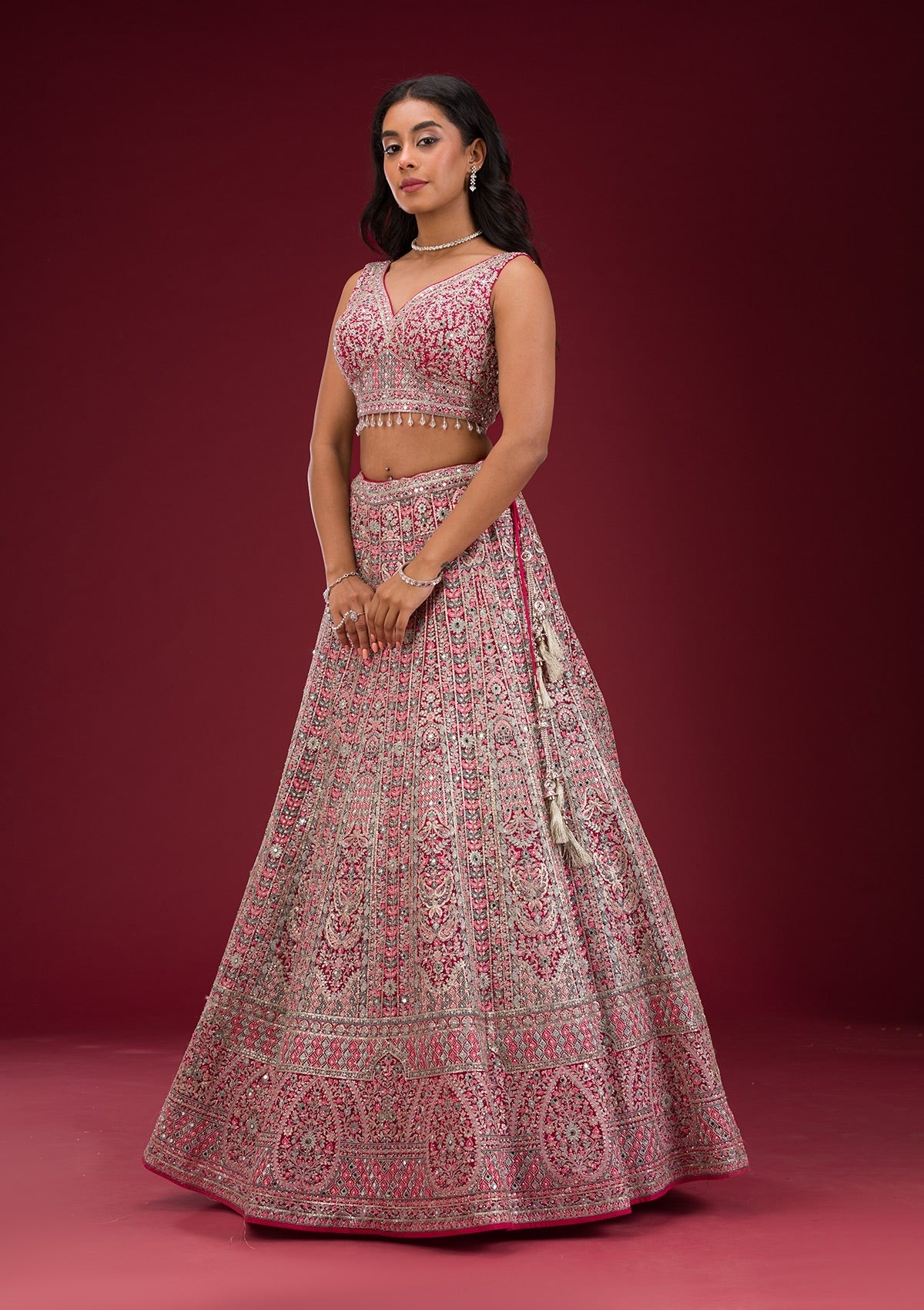 Rani Pink Threadwork Net Readymade Lehenga