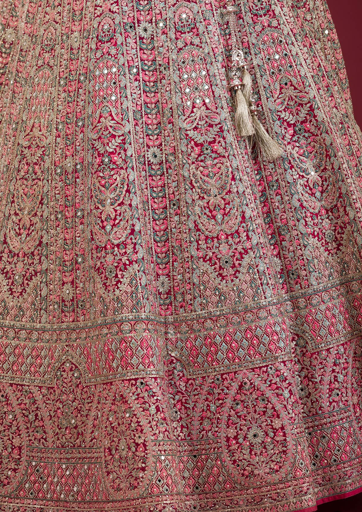 Rani Pink Threadwork Net Readymade Lehenga