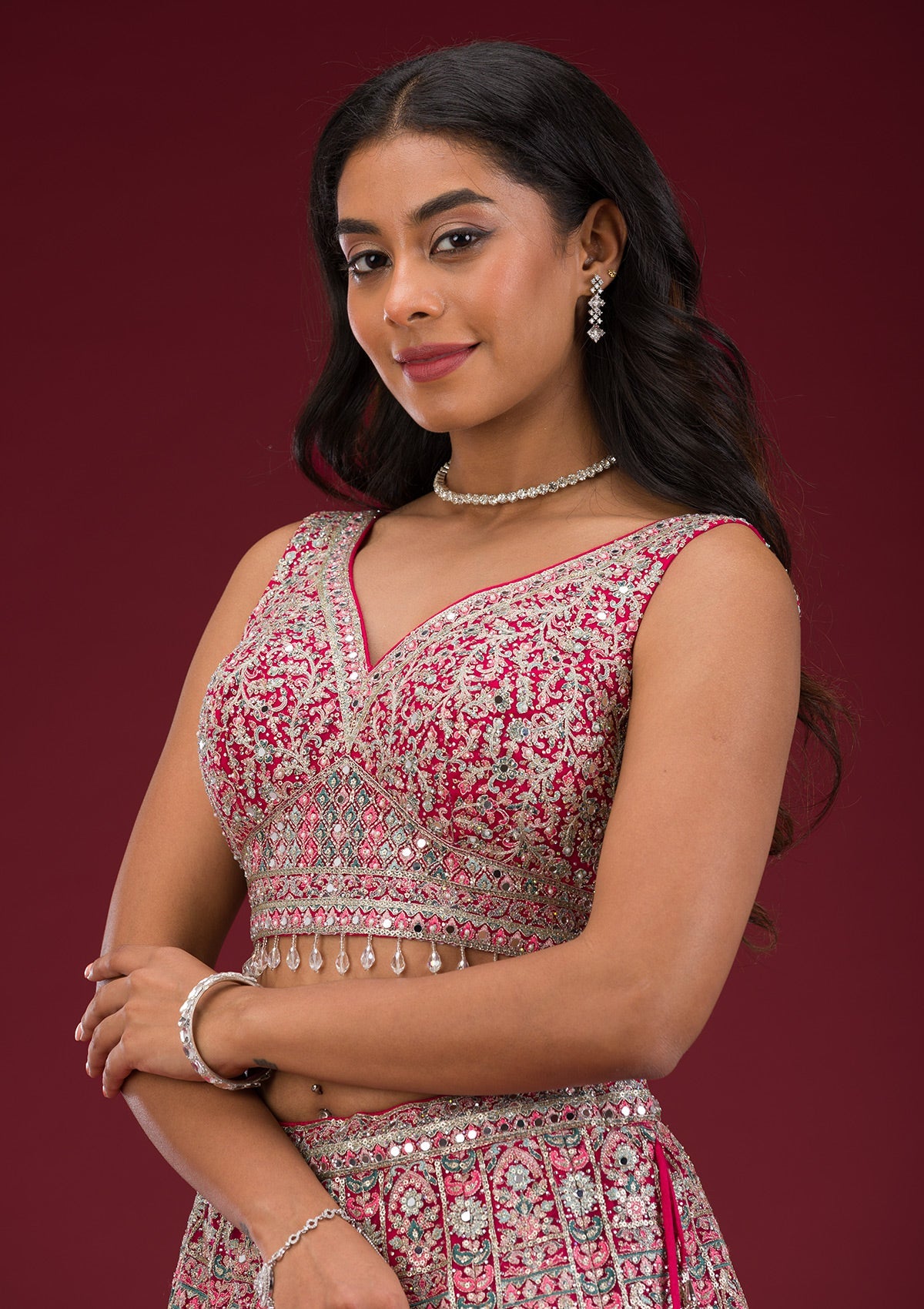 Rani Pink Threadwork Net Readymade Lehenga