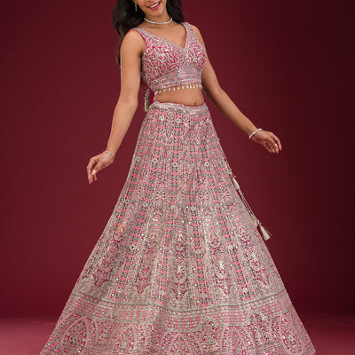 Rani Pink Threadwork Net Readymade Lehenga