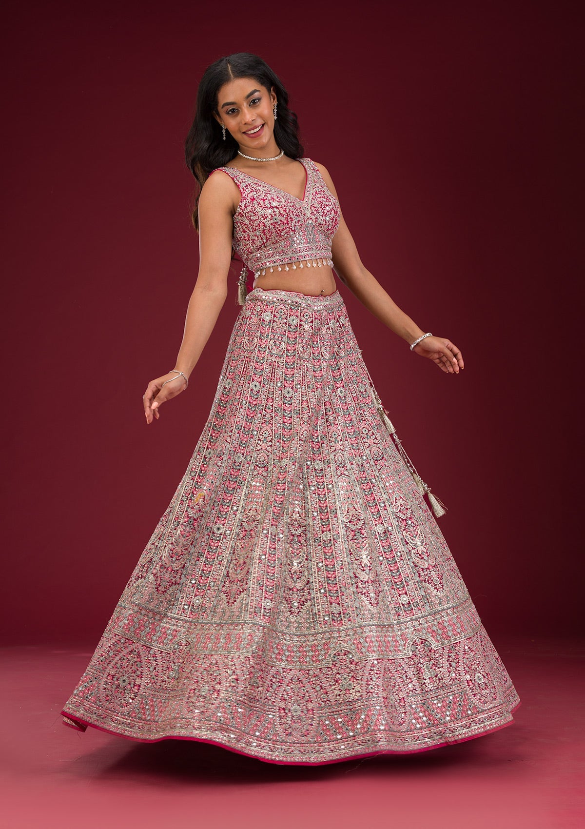 Rani Pink Threadwork Net Readymade Lehenga