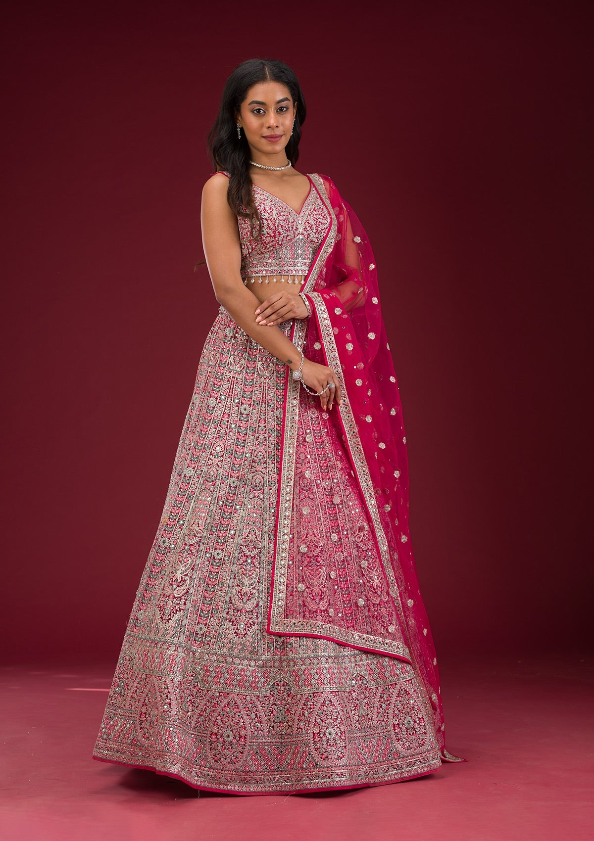 Rani Pink Threadwork Net Readymade Lehenga