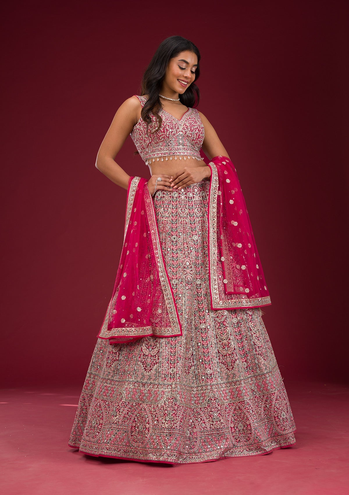 Rani Pink Threadwork Net Readymade Lehenga