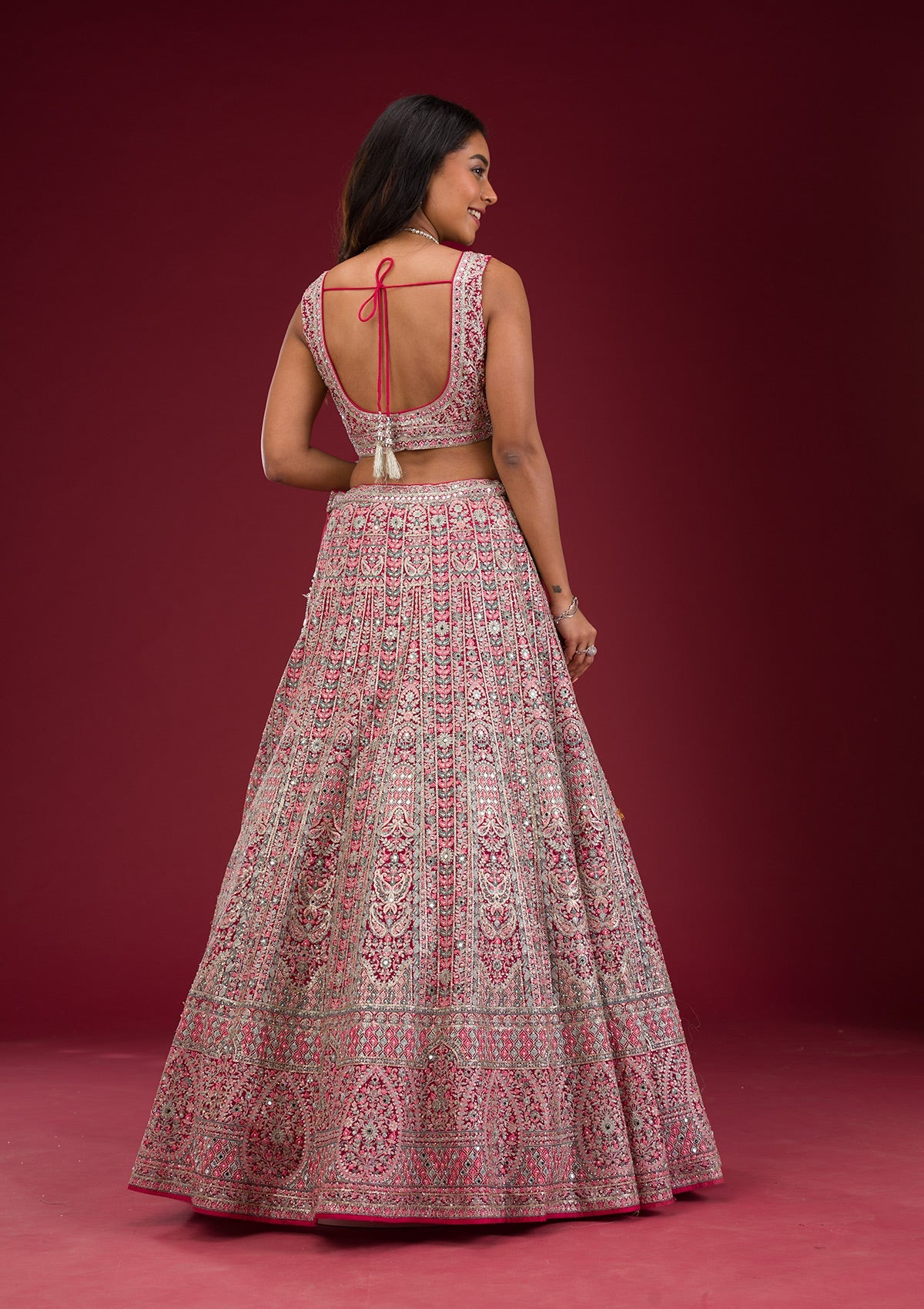 Rani Pink Threadwork Net Readymade Lehenga