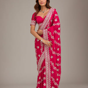 Rani Pink Threadwork Satin Saree