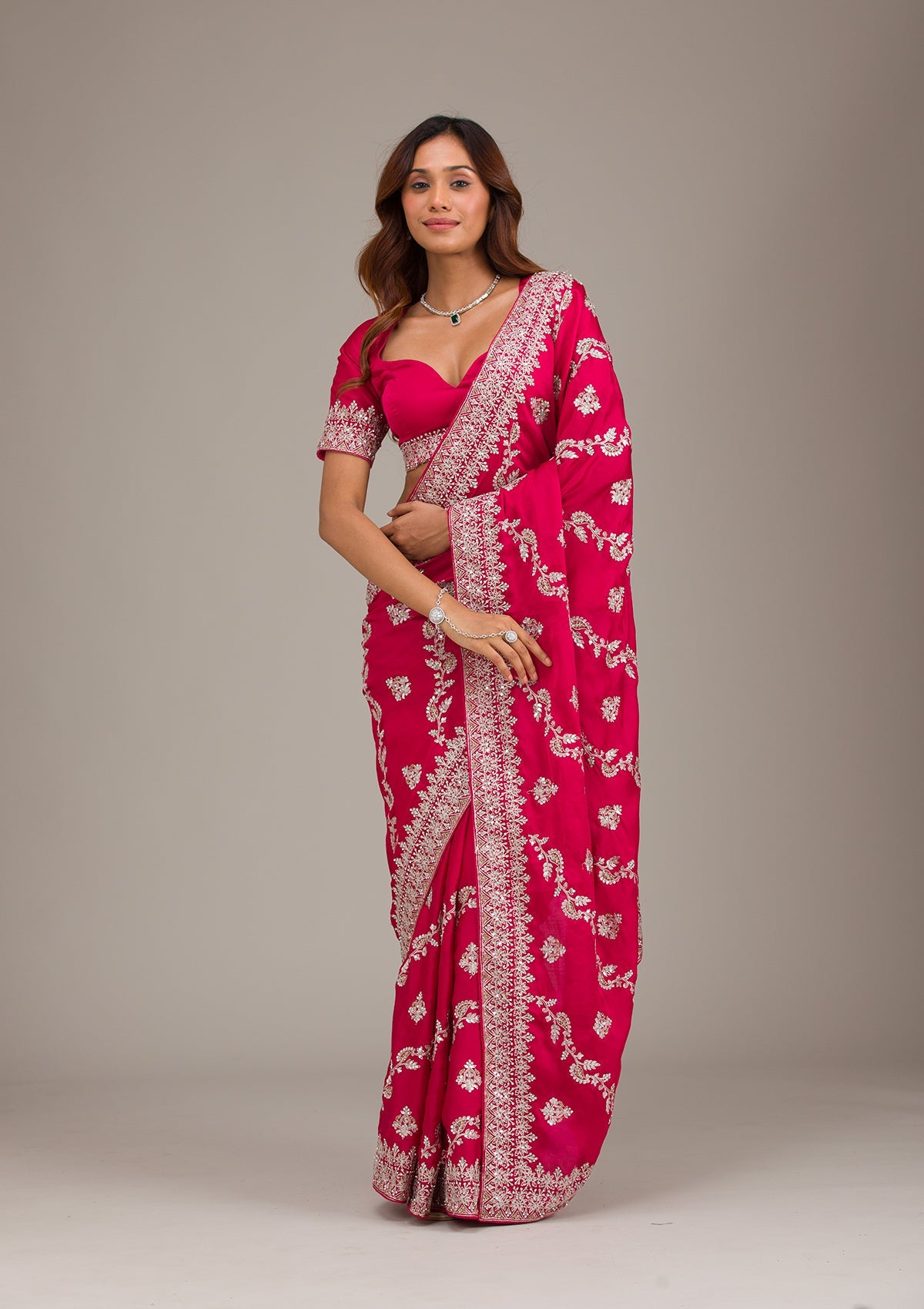 Rani Pink Threadwork Satin Saree