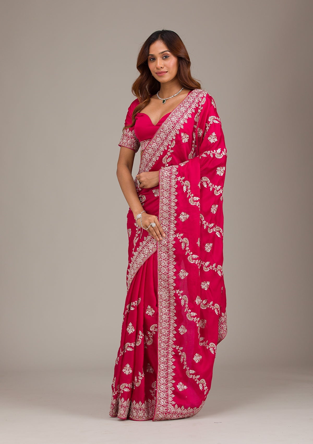 Rani Pink Threadwork Satin Saree